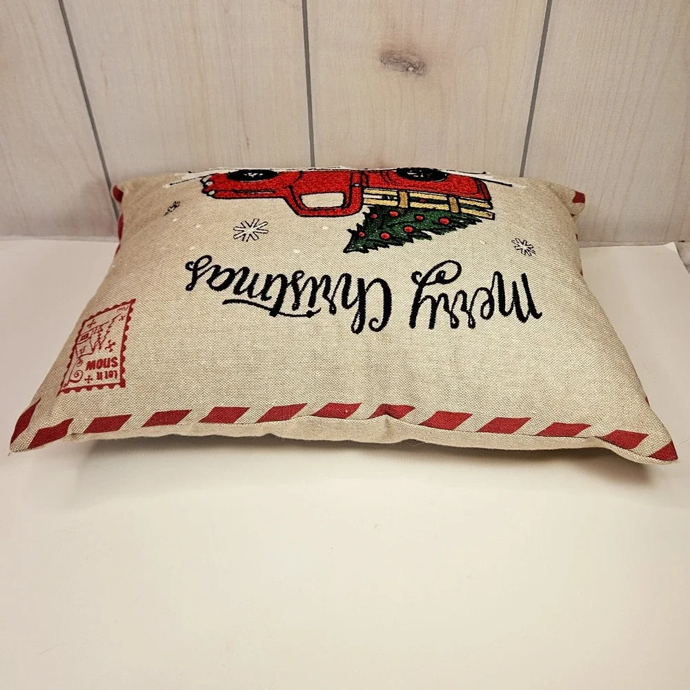 Merry‎ Christmas Decor Throw Pillow Red Truck Tree 18x12 Textured Zipper Closure
